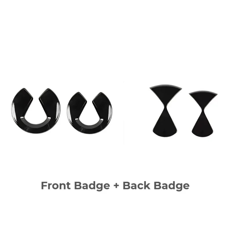 Set of black glossy front and back emblems for BYD vehicle accessories.