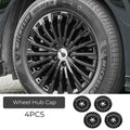 Set of 4 black glossy plastic wheel hub caps for BYD vehicles, shown on a Michelin tire.