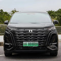 Front view of a sleek black Denza electric MPV featuring a glossy textured grille and LED headlights.