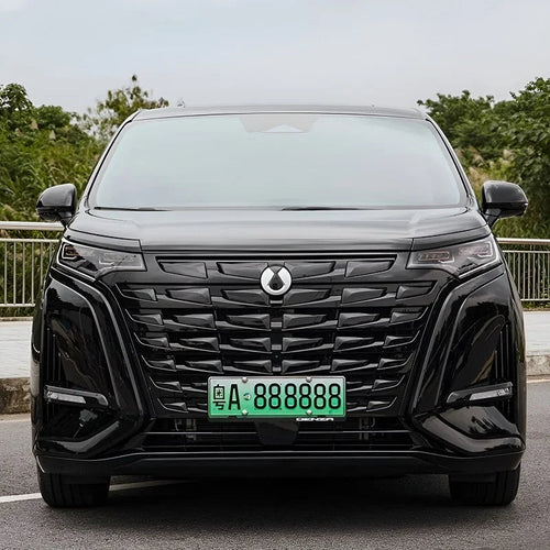 Front view of a sleek black Denza electric MPV featuring a glossy textured grille and LED headlights.