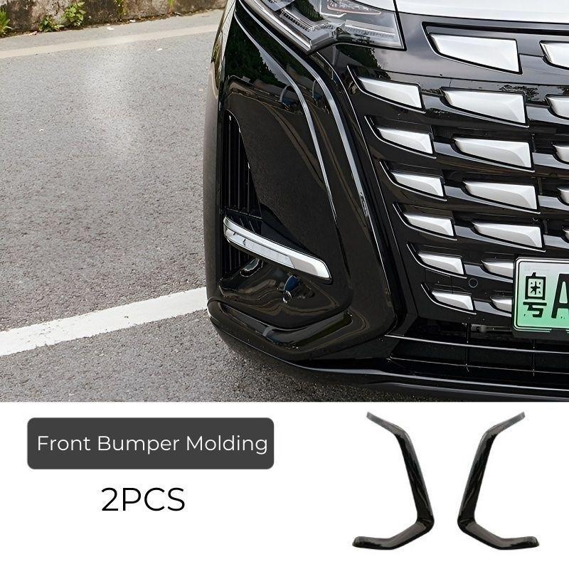 Two-piece black glossy front bumper molding trim for BYD car exterior protection.