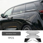 Black window trim decal set for BYD vehicles, featuring sleek protective strips and a speed-themed sticker.