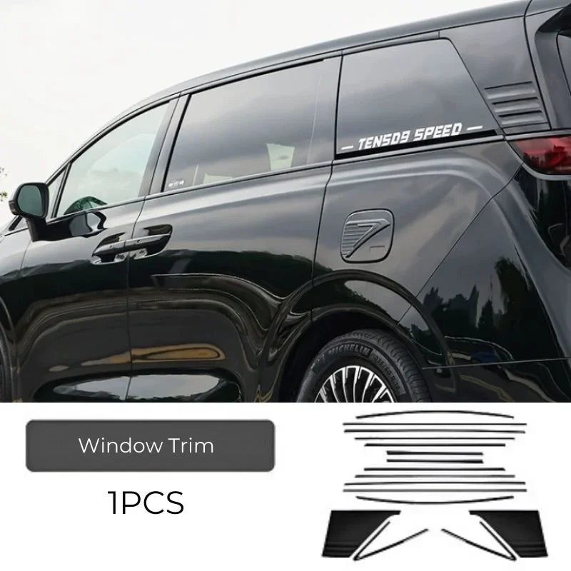 Black window trim decal set for BYD vehicles, featuring sleek protective strips and a speed-themed sticker.