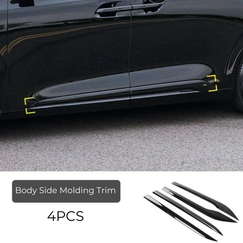 4-piece set of sleek black glossy body side molding trim for car door protection.