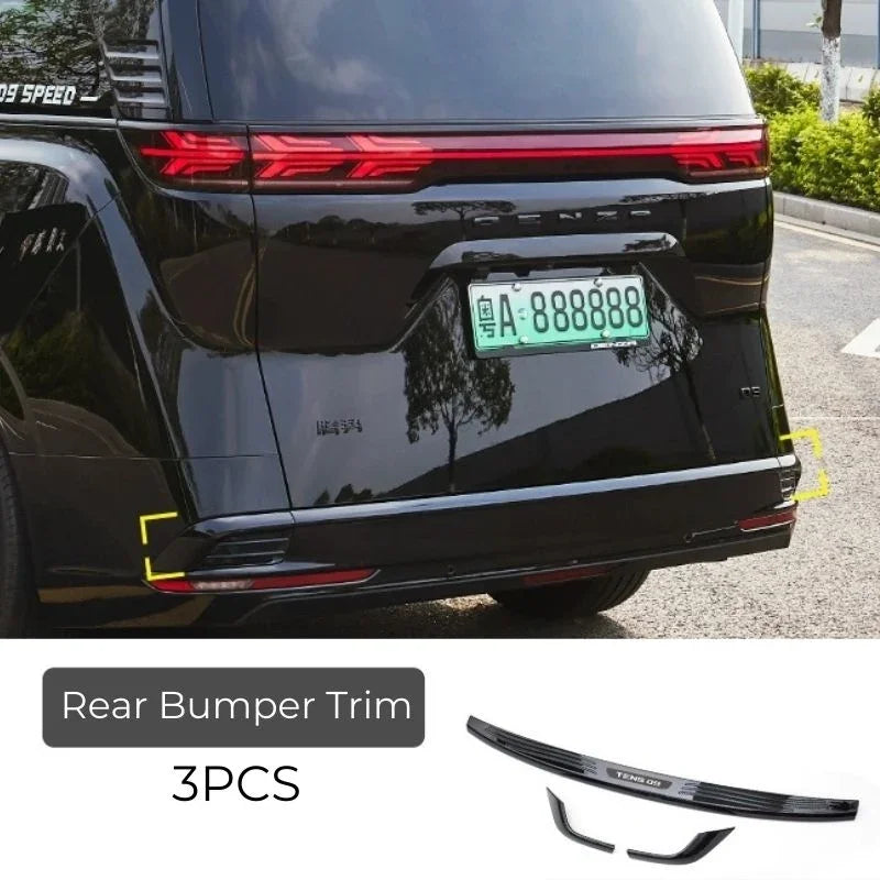 Black 3-piece ABS rear bumper trim set for BYD, providing a sleek and protective finish.