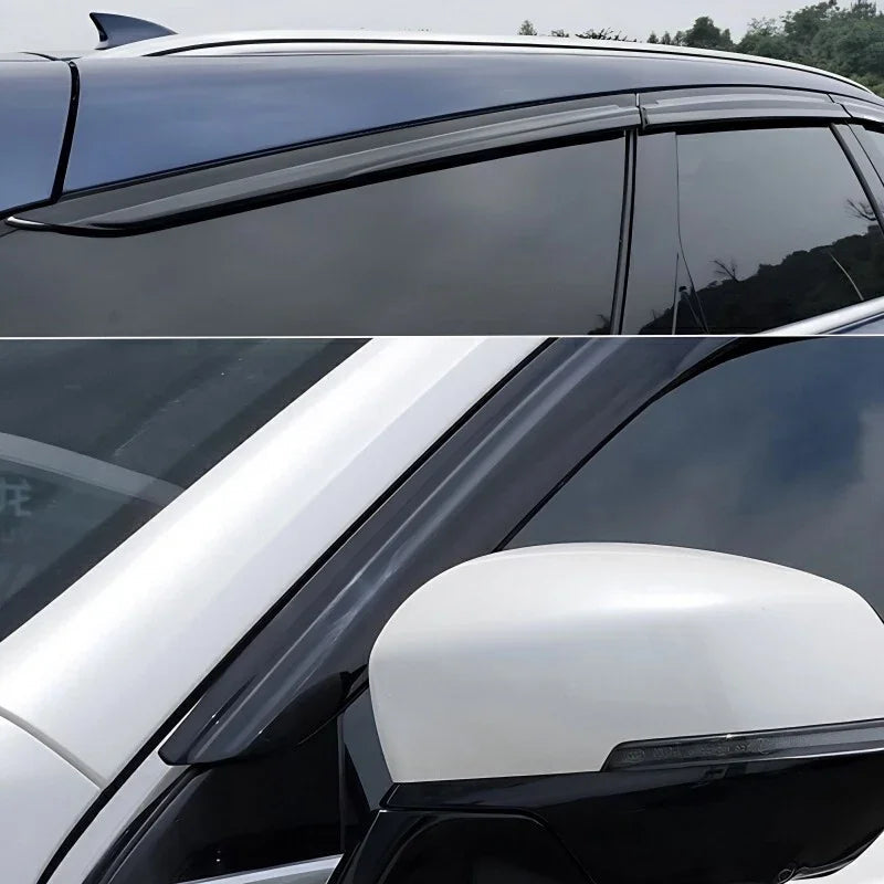 Black tinted window deflectors installed on a car door for wind and rain protection.