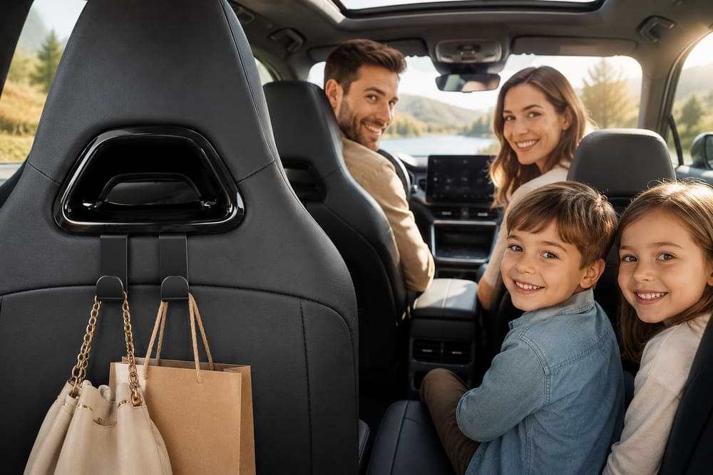 Family of four sitting inside a car with a view of nature outside.