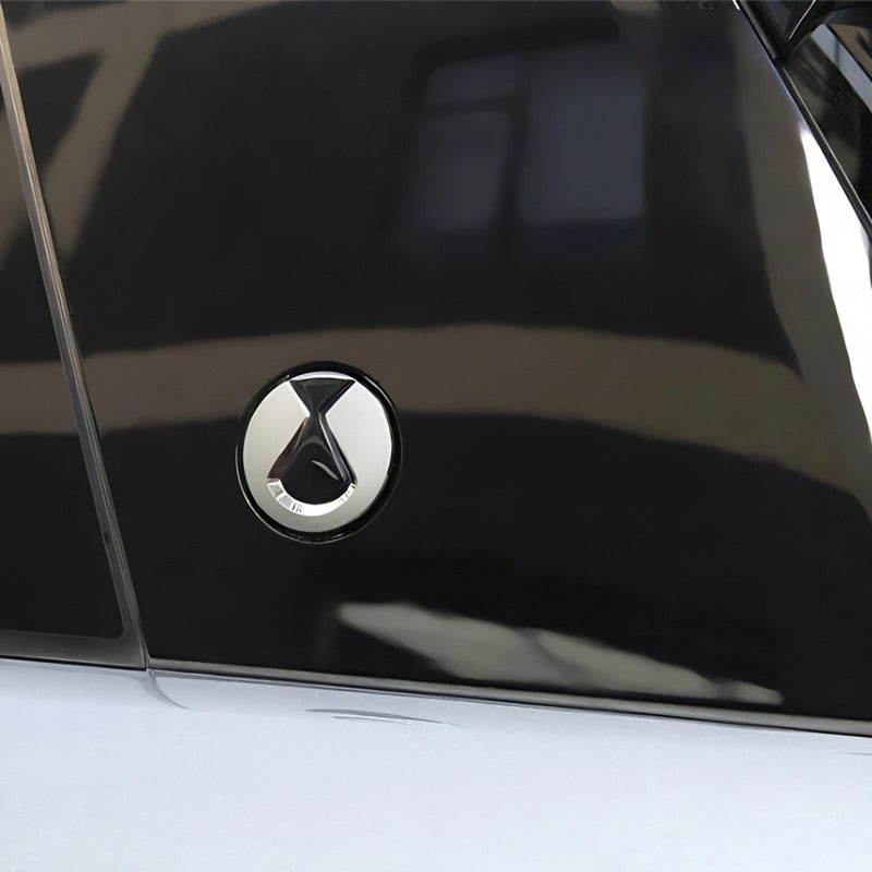 Close-up of a silver chrome BYD emblem mounted on a sleek black car body.