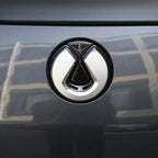 Close-up of a polished chrome BYD emblem on a dark grey car surface.