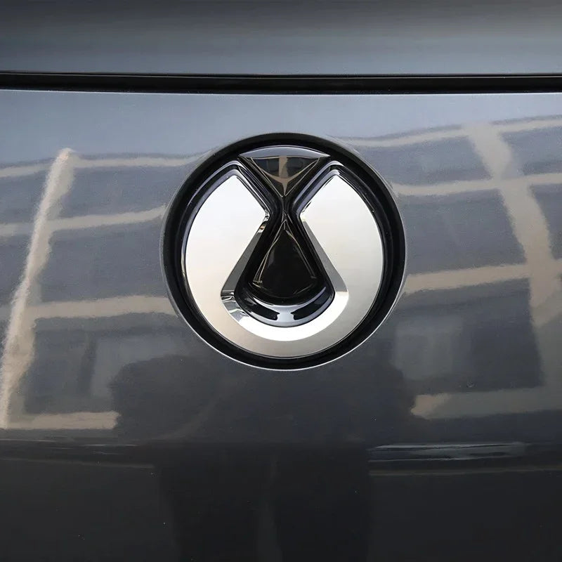 Close-up of a polished chrome BYD emblem on a dark grey car surface.
