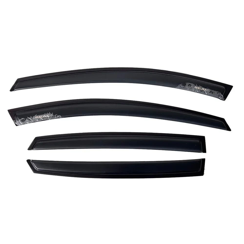 Set of 4 sleek black gloss window rain guards with decorative Seal pattern for car protection.