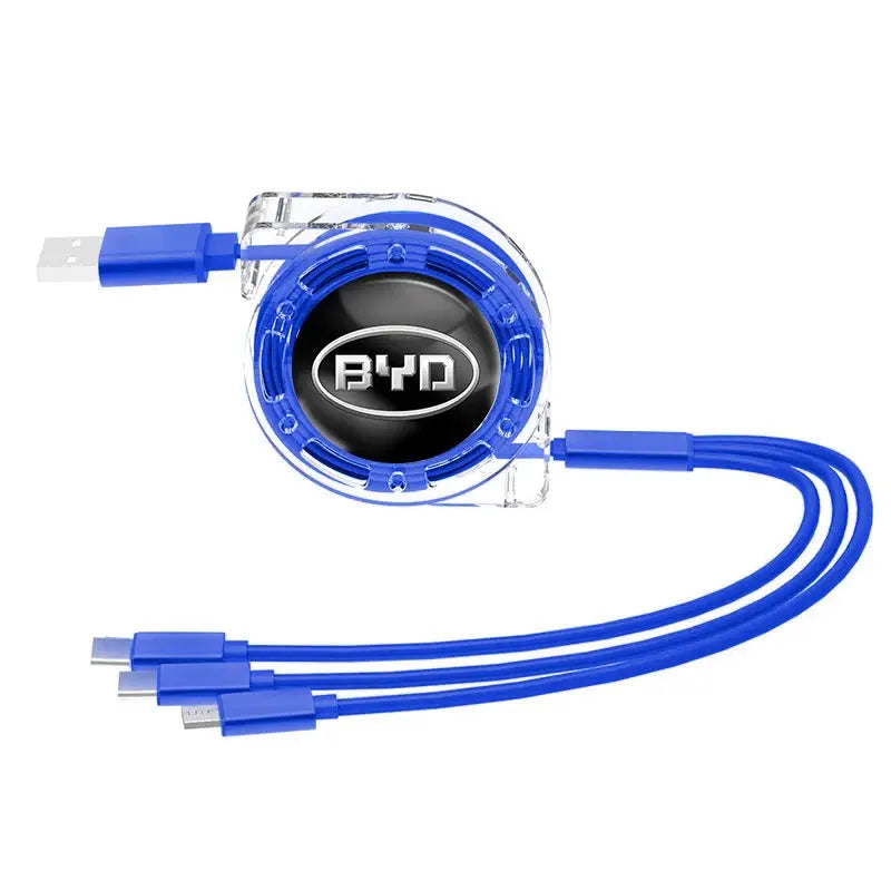 Blue retractable USB cable with BYD logo