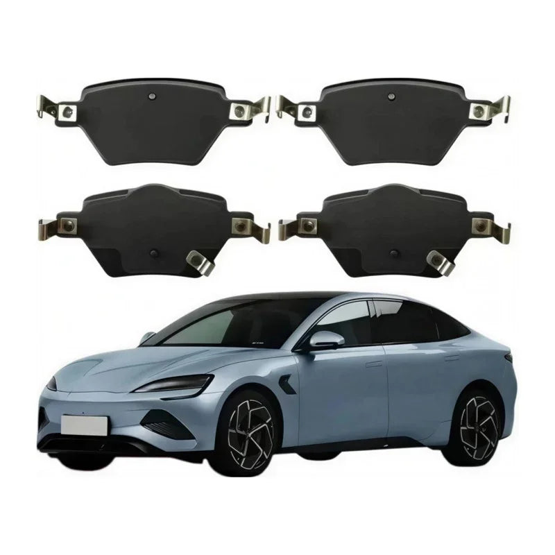 Set of four black brake pads and a light blue BYD electric sedan on a white background.