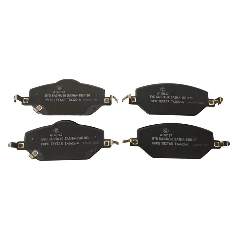 Set of four premium black ceramic brake pads for BYD, featuring durable metallic backing.
