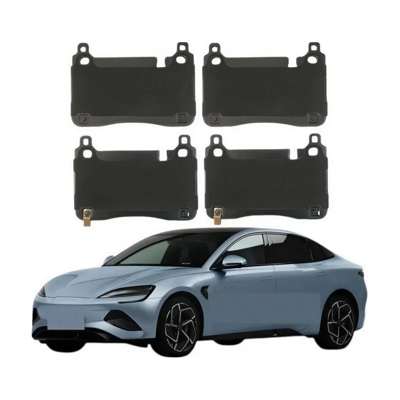 Set of four premium black brake pads for BYD electric vehicles.