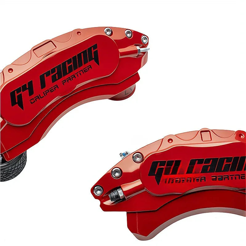 Red anodized aluminum GY Racing brake caliper covers for enhanced protection and style.