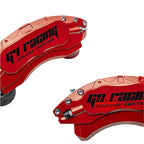 Red anodized aluminum GY Racing brake caliper covers for high-performance protection.