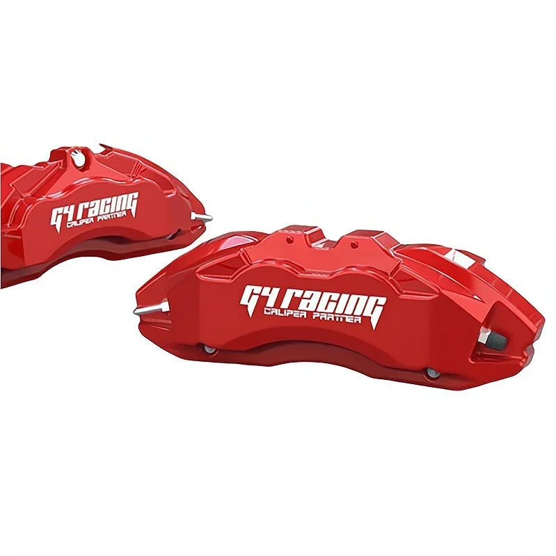 Red GY Racing aluminum brake caliper covers for enhanced automotive styling.
