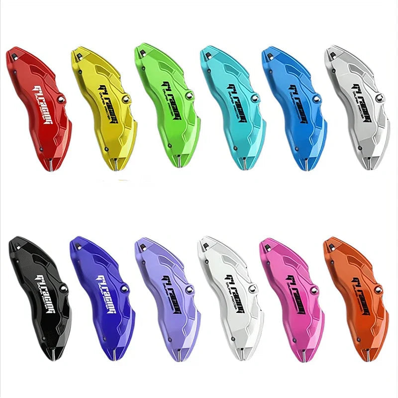Twelve CNC aluminum alloy brake caliper covers in various vibrant colors for car customization.