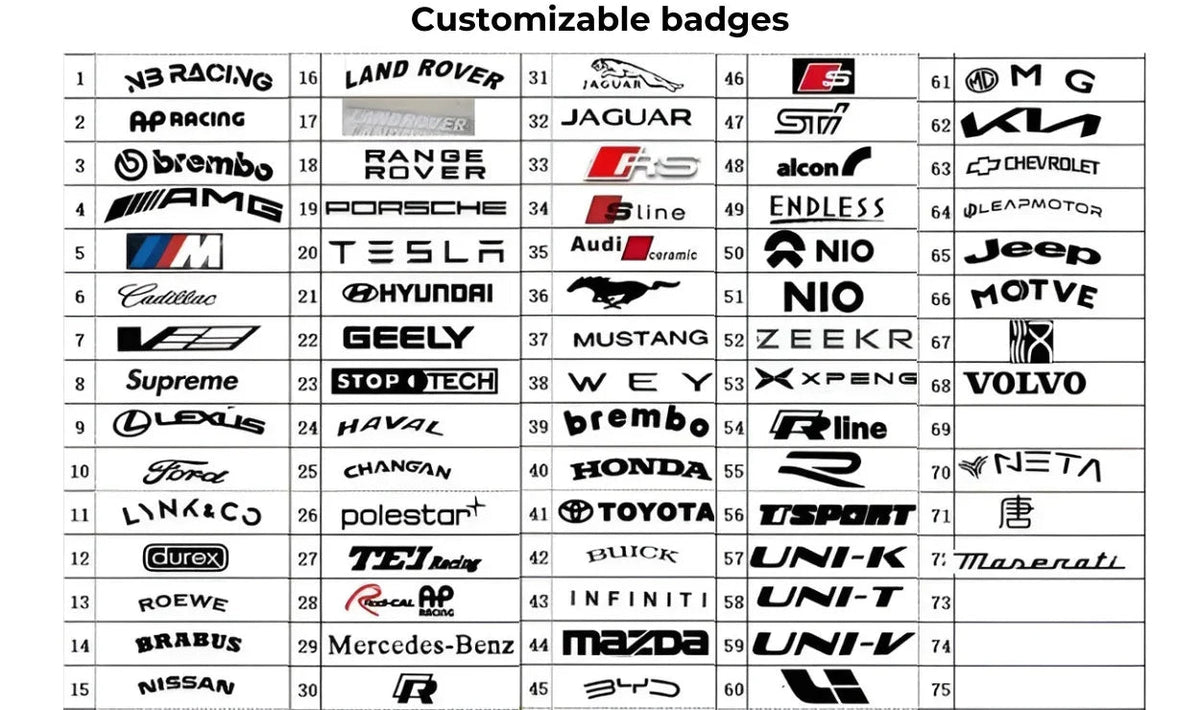 Grid of various customizable car brand logo badges in black and white for automotive styling.