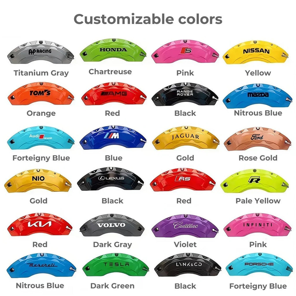 Customizable BYD aftermarket brake caliper covers in various colors like Titanium Gray, Red, and Blue.