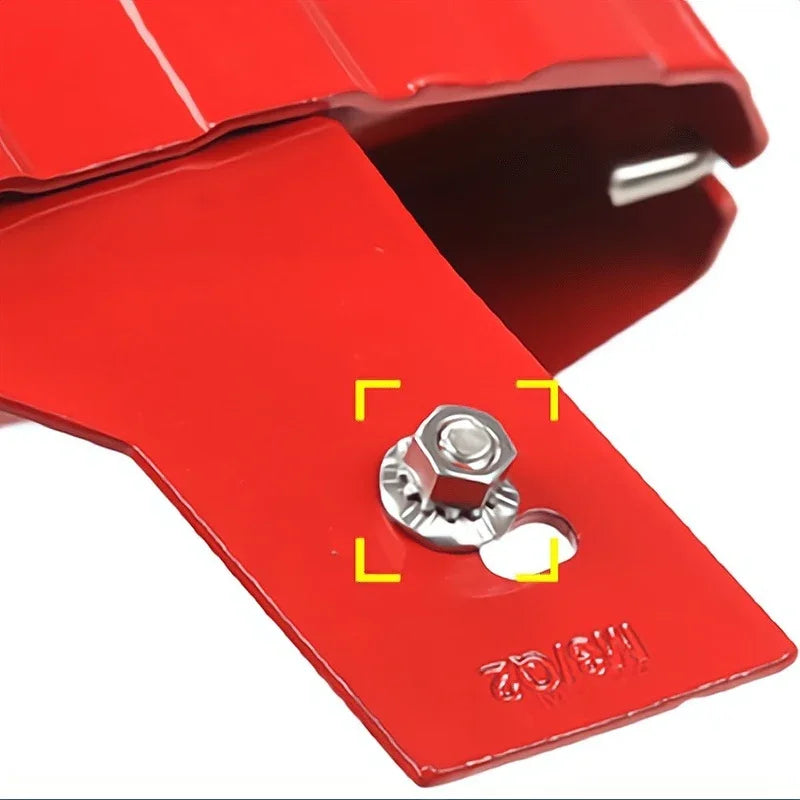 Red metal protective guard with a durable silver steel bolt and washer fastener.