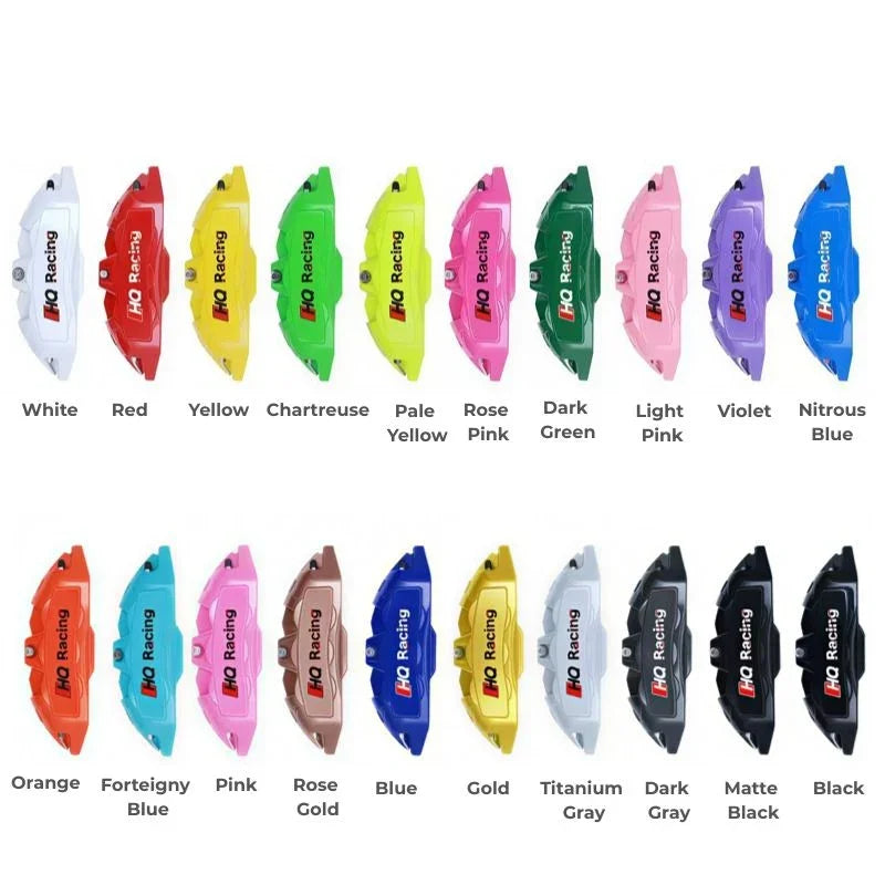 Assorted HQ Racing brake calipers in various colors including red, blue, gold, and matte black.