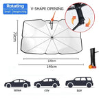 White rotating car umbrella with V-shape opening, 140cm wide, suitable for sedan, CUV, and SUV.
