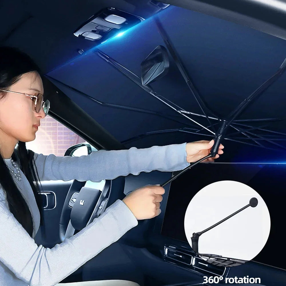 Black foldable car sunshade with 360° rotating support rod for easy installation.