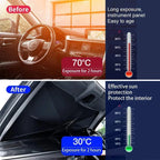 Comparison showing black sunshade reducing car interior temperature from 70°C to 30°C.