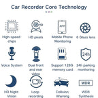 Infographic of car recorder core technology features in professional navy blue and white.