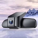 Professional matte black car dash camera with a sleek aerodynamic design.
