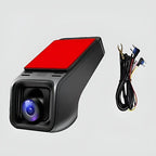 Black car dash camera with a red top accent and included wiring harness.