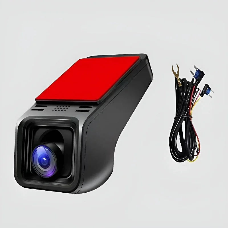 Black car dash camera with a red top accent and included wiring harness.