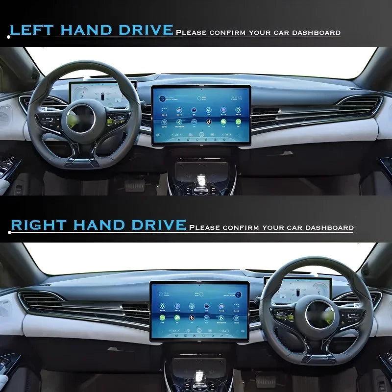 Comparison of BYD car dashboard layouts for left-hand drive and right-hand drive configurations.