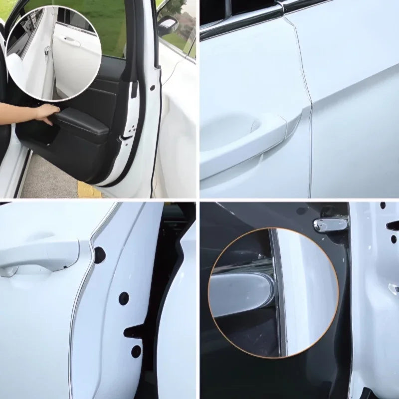 White BYD car door protection film with close-ups of a transparent, anti-scratch material.