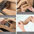 Tan silicone car door storage organizer, detachable and custom-fit for easy cleaning.