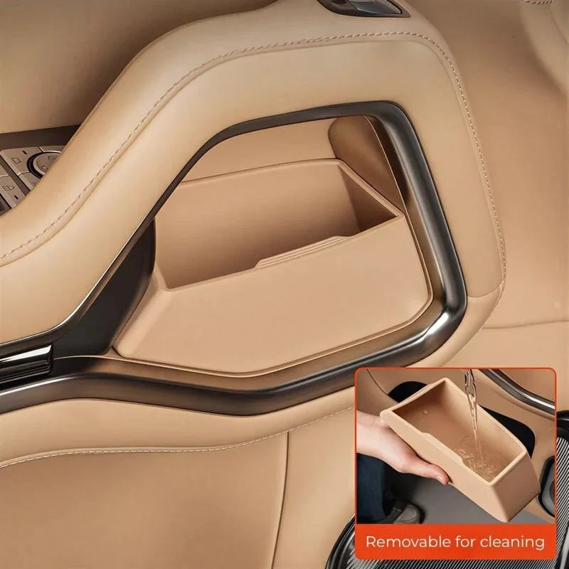 Tan faux-leather center console storage organizer with removable tray for easy cleaning.