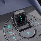 Crystal clear transparent gear shifter with glowing cyan RND indicator on a sleek black console.