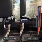 Black durable plastic car headrest tablet holder showing folded and extended positions.
