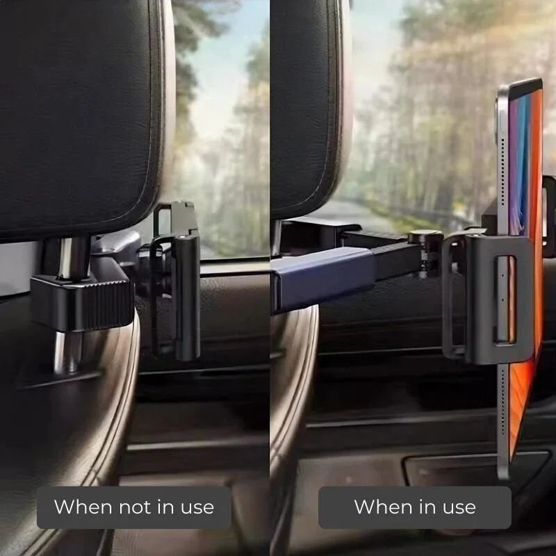 Black durable plastic car headrest tablet holder showing folded and extended positions.