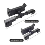 Adjustable black plastic car phone holder showing minimum 13cm and maximum 23.5cm length.