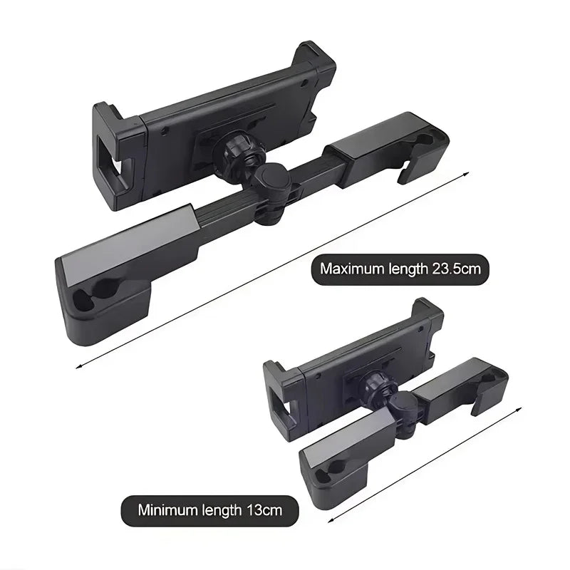 Adjustable black plastic car phone holder showing minimum 13cm and maximum 23.5cm length.