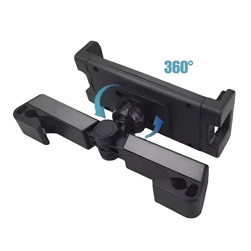 Black plastic 360-degree rotating car phone holder with adjustable mounting clamp.