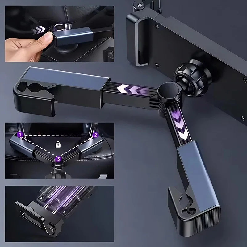Professional black adjustable car headrest tablet holder made of durable metal materials.