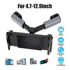 Black and silver adjustable car tablet holder with flexible arm for 4.7-12.9 inch devices.