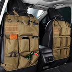 Durable khaki nylon car seat back organizers with multiple storage pockets and MOLLE system.