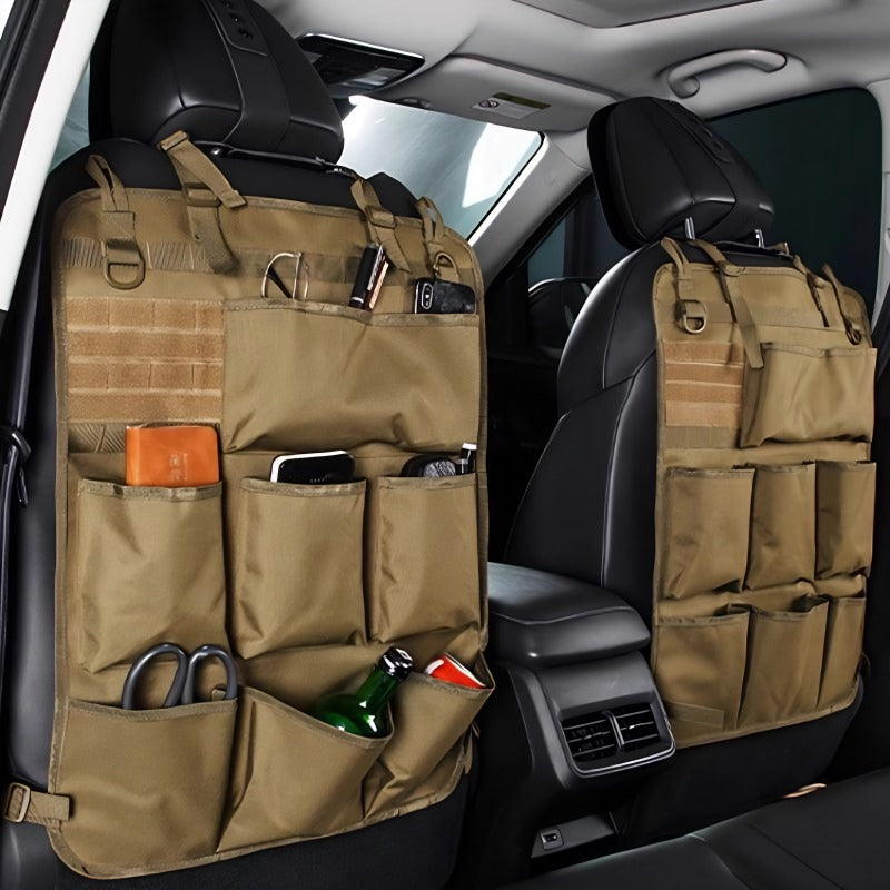 Durable khaki nylon car seat back organizers with multiple storage pockets and MOLLE system.