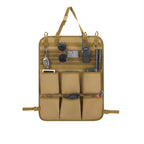 Professional coyote brown tactical car seat organizer with multiple storage pockets and durable fabric.