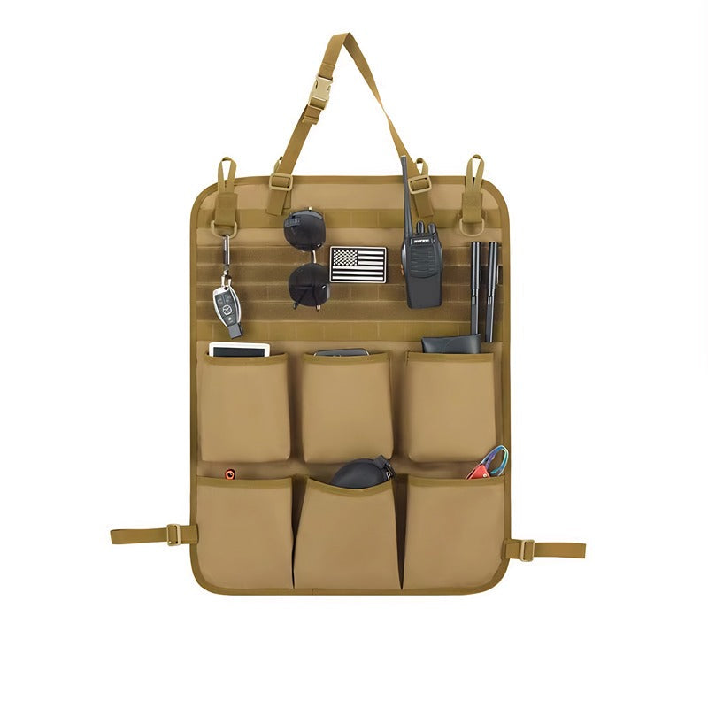 Professional coyote brown tactical car seat organizer with multiple storage pockets and durable fabric.